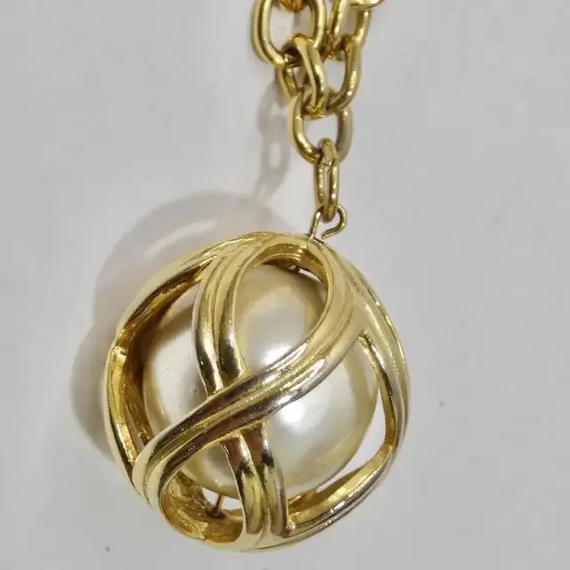 1980s Gold Plated Faux Pearl Cage Pendent Necklace