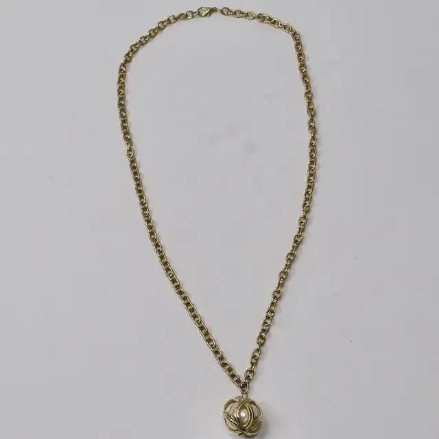 1980s Gold Plated Faux Pearl Cage Pendent Necklace