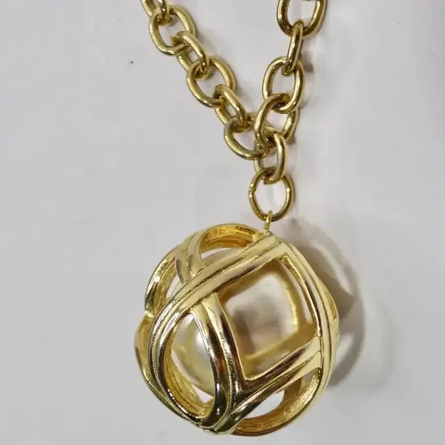 1980s Gold Plated Faux Pearl Cage Pendent Necklace