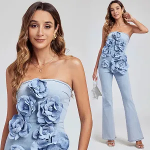 3D Appliques Flower Strapless Demin Jumpsuits