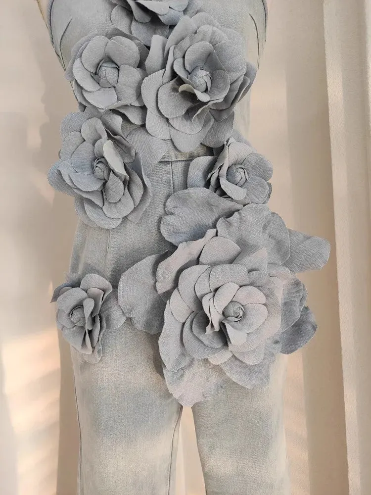 3D Appliques Flower Strapless Demin Jumpsuits
