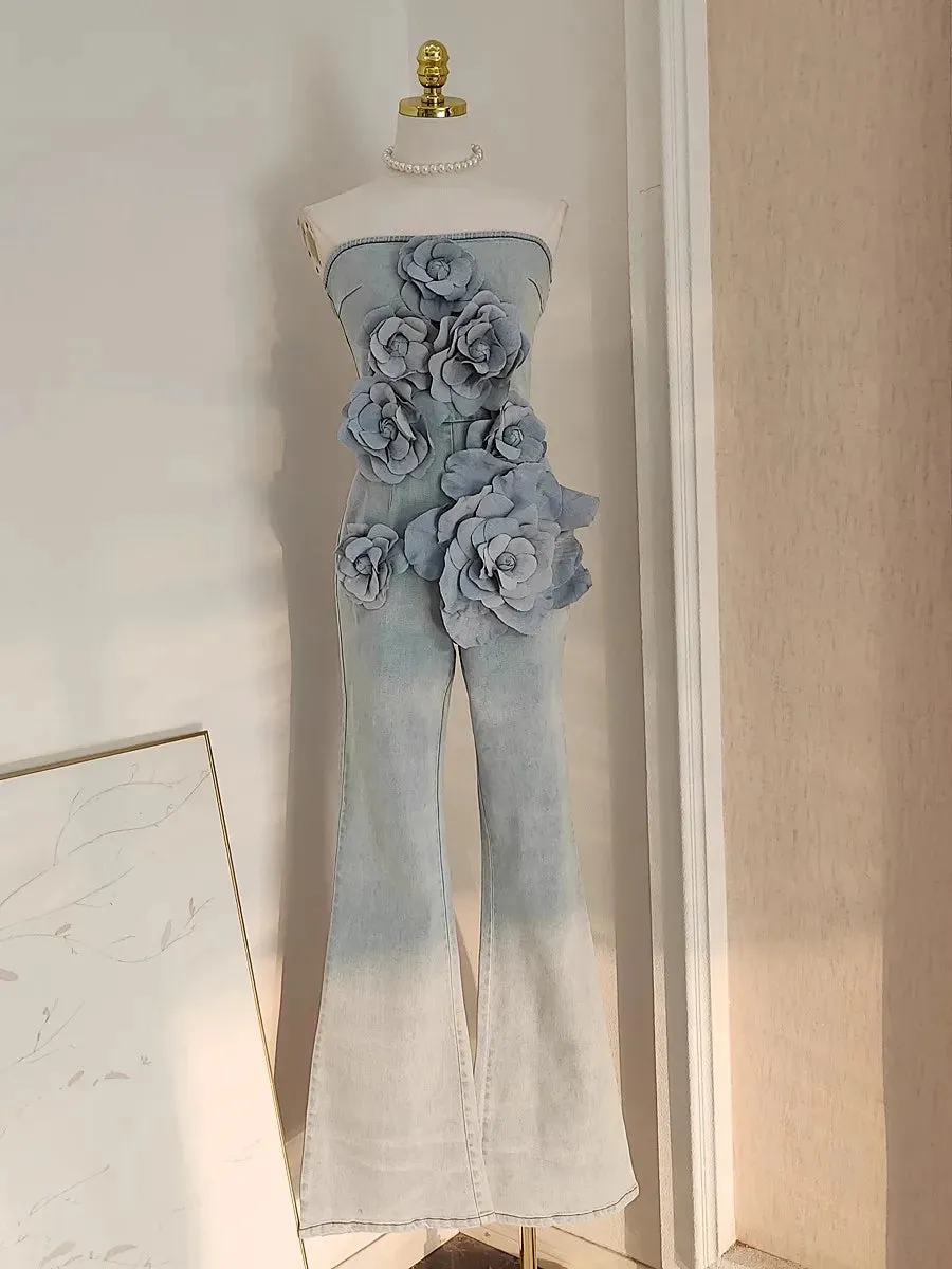 3D Appliques Flower Strapless Demin Jumpsuits
