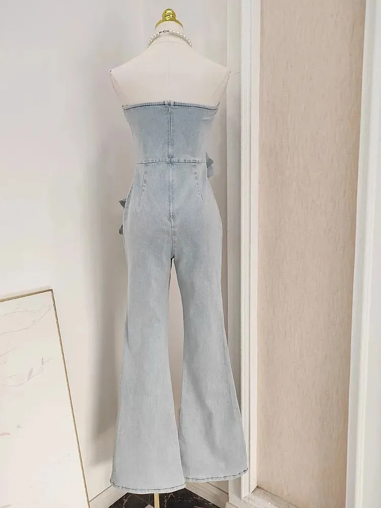 3D Appliques Flower Strapless Demin Jumpsuits