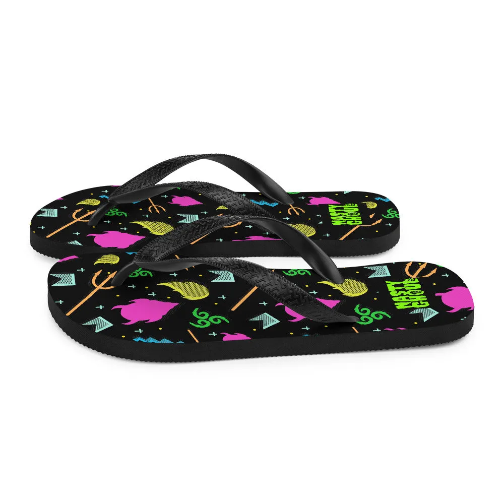 90s Devil Pattern Black Flip-Flops / All Over Print Unisex