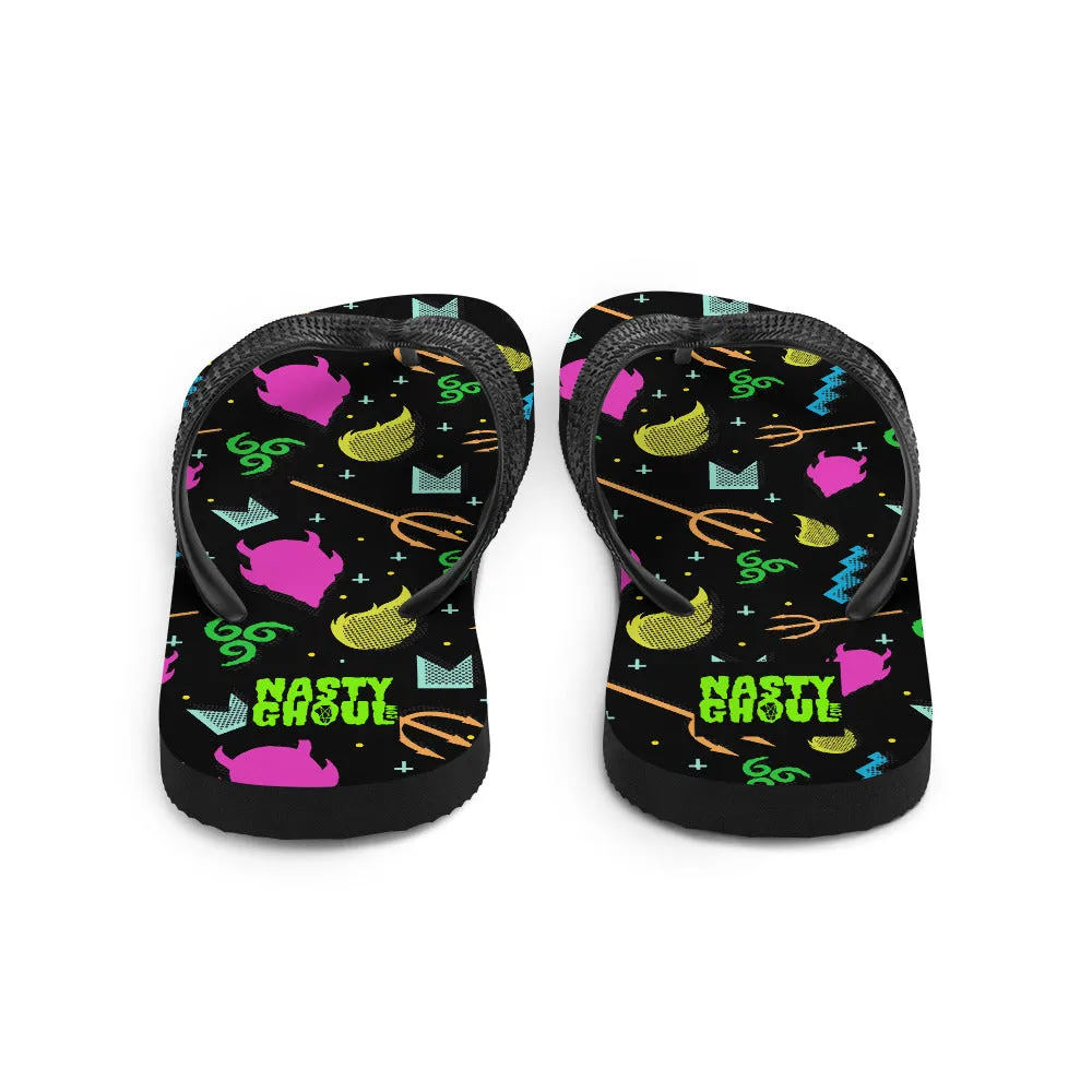 90s Devil Pattern Black Flip-Flops / All Over Print Unisex