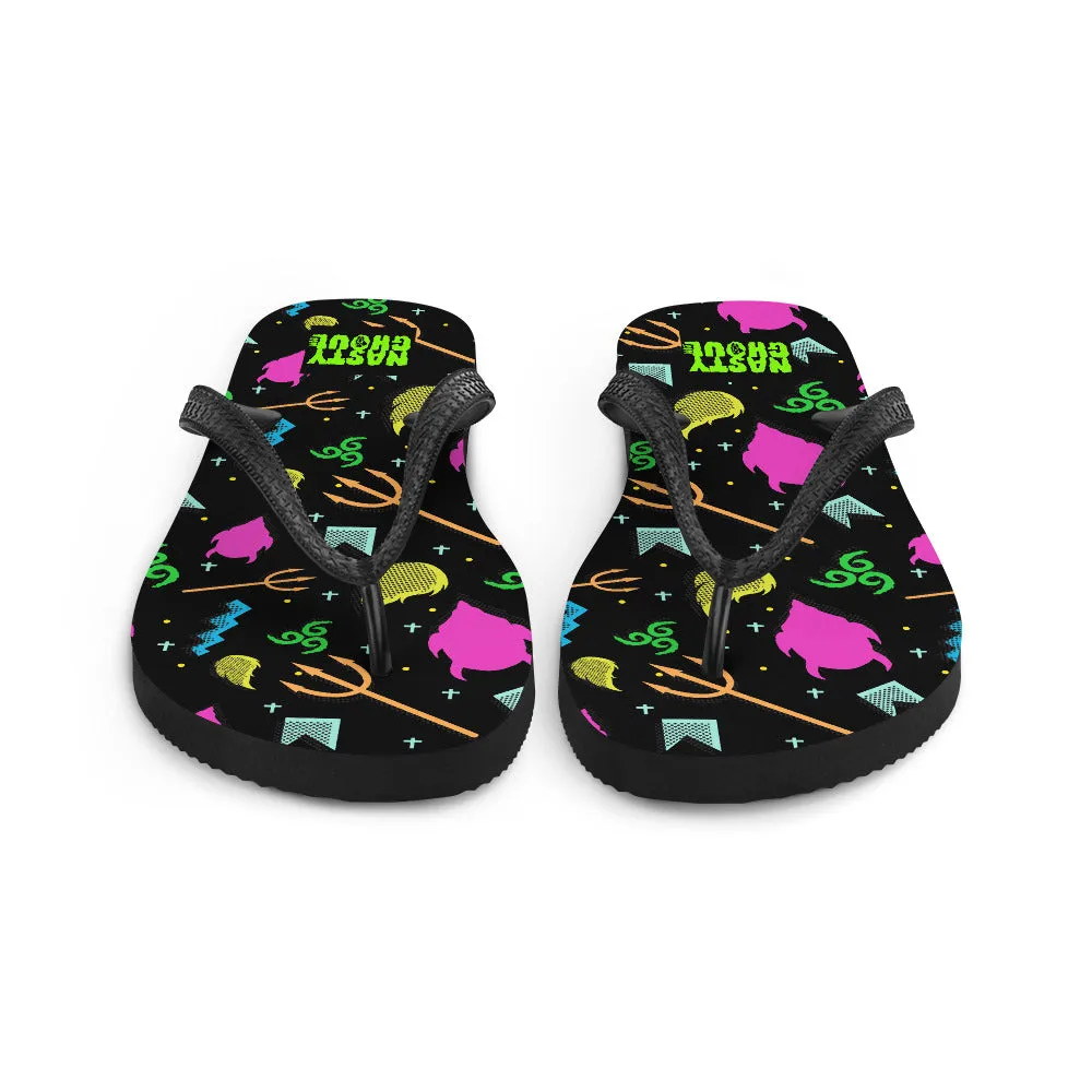 90s Devil Pattern Black Flip-Flops / All Over Print Unisex