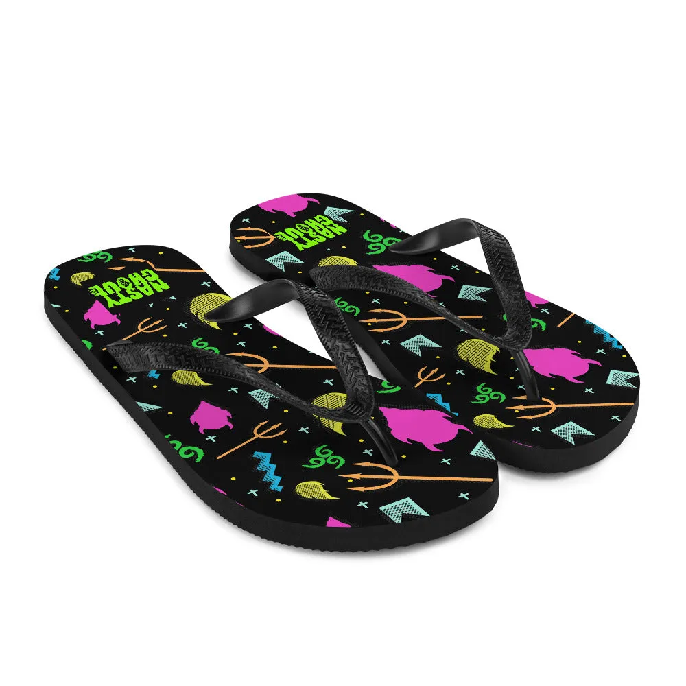 90s Devil Pattern Black Flip-Flops / All Over Print Unisex