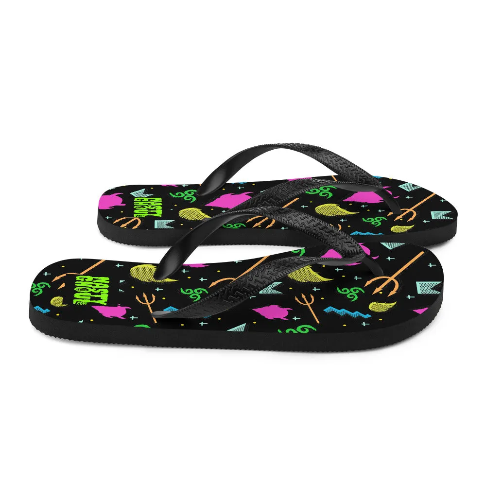 90s Devil Pattern Black Flip-Flops / All Over Print Unisex