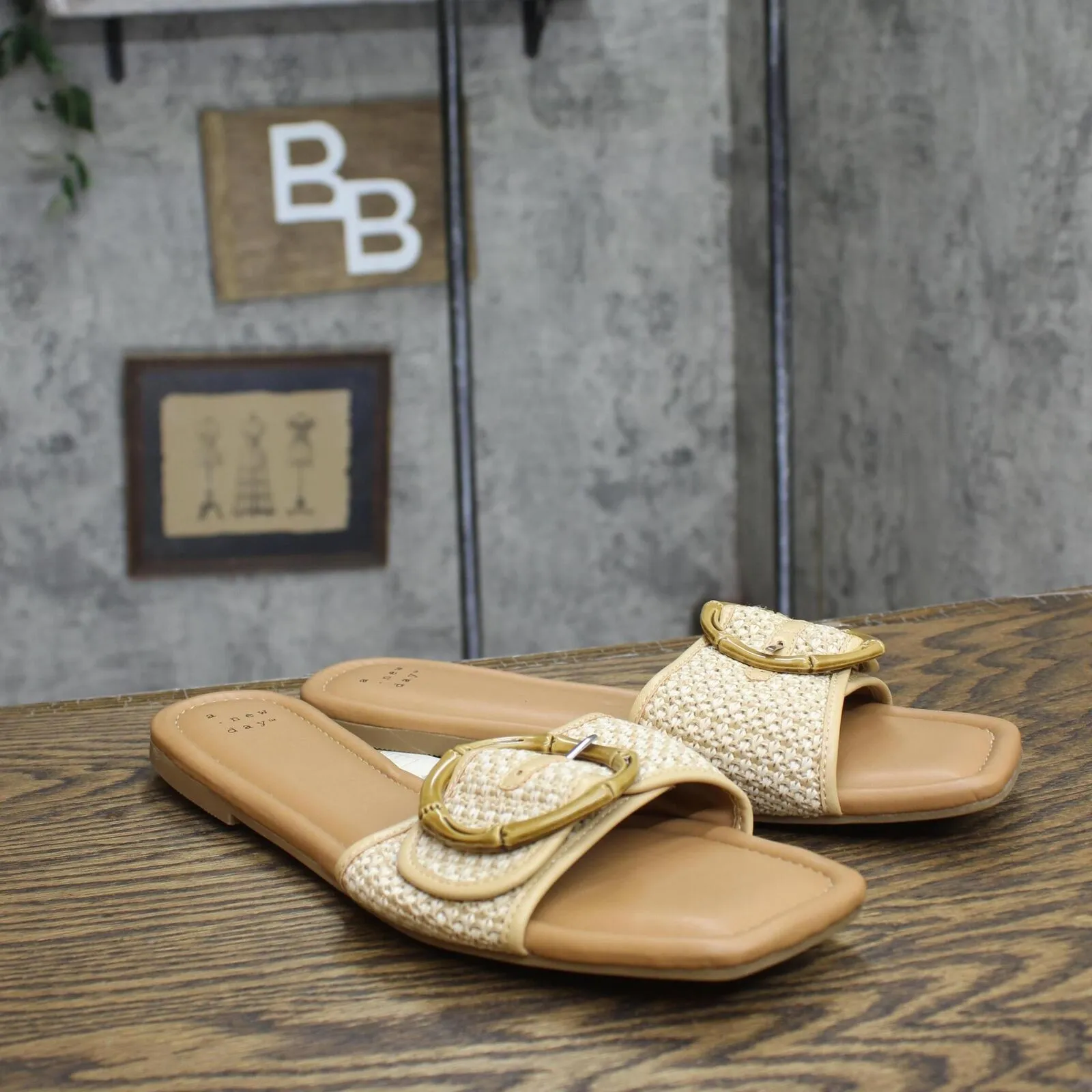 A New Day Bennie Buckle Slide Sandals with Memory Foam Insole Beige Brown 11M