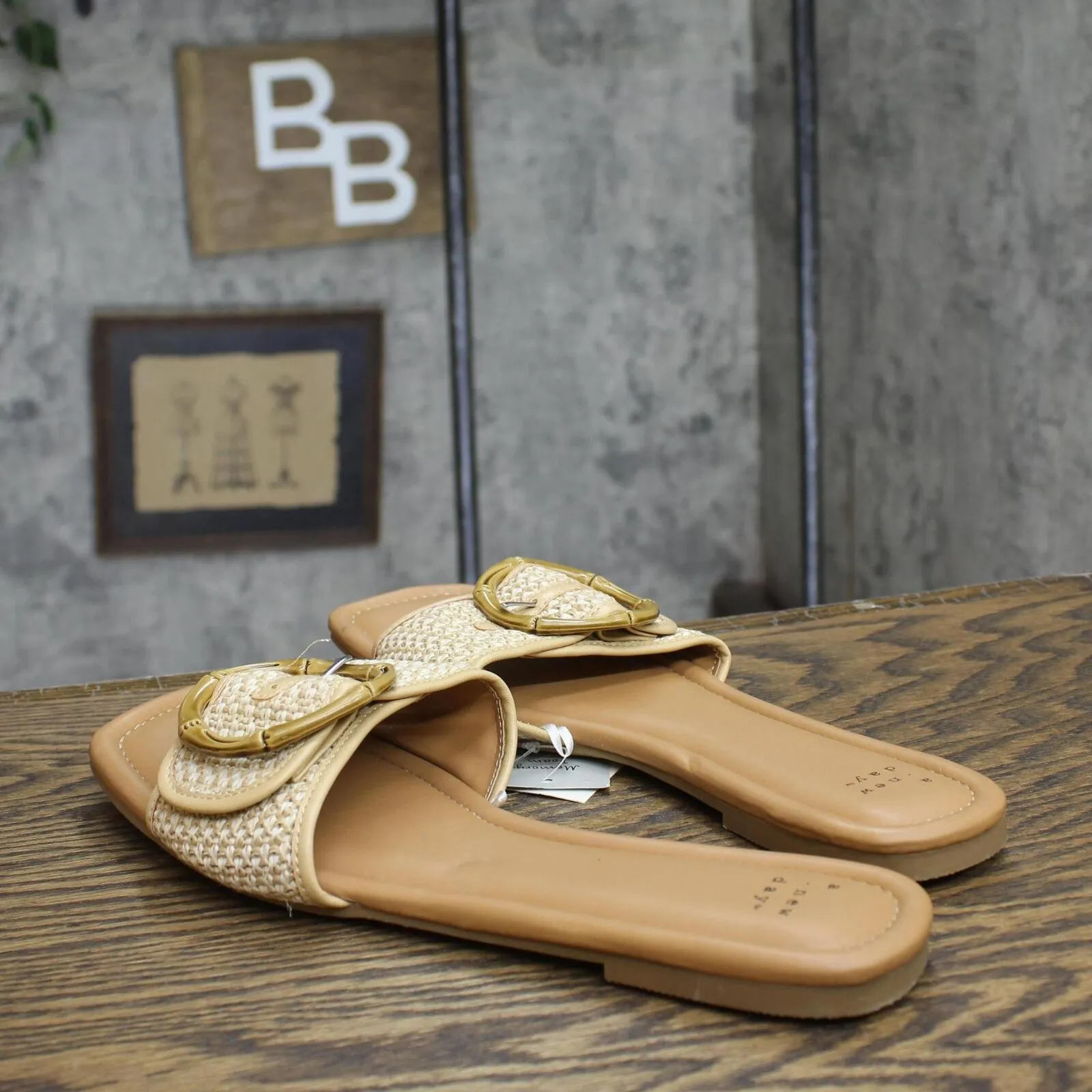 A New Day Bennie Buckle Slide Sandals with Memory Foam Insole Beige Brown 11M
