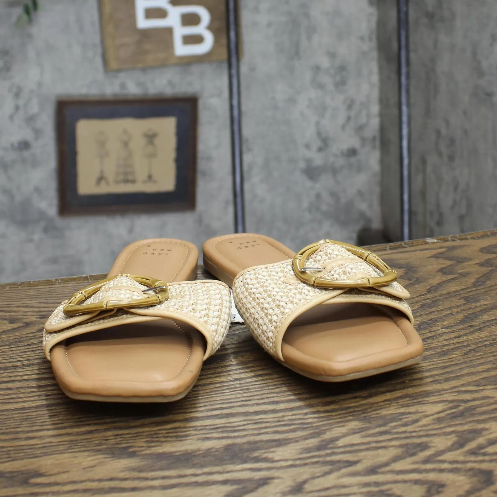 A New Day Bennie Buckle Slide Sandals with Memory Foam Insole Beige Brown 11M