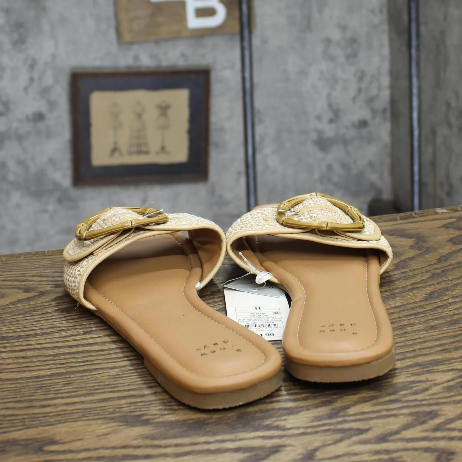 A New Day Bennie Buckle Slide Sandals with Memory Foam Insole Beige Brown 11M