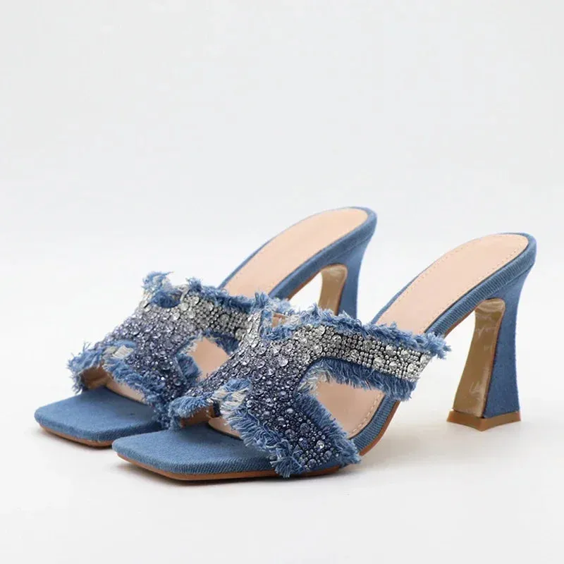 ADVBRIDGE  -  Luxury Design Crystal Rhinestone Women Slippers Sandal Blue Denim Summer 8CM Slides High Heels Sexy Square Toe Party Dress Shoes