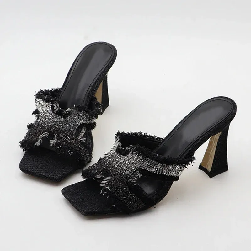 ADVBRIDGE  -  Luxury Design Crystal Rhinestone Women Slippers Sandal Blue Denim Summer 8CM Slides High Heels Sexy Square Toe Party Dress Shoes