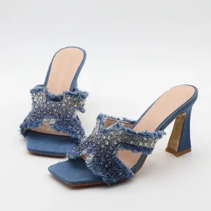 ADVBRIDGE  -  Luxury Design Crystal Rhinestone Women Slippers Sandal Blue Denim Summer 8CM Slides High Heels Sexy Square Toe Party Dress Shoes