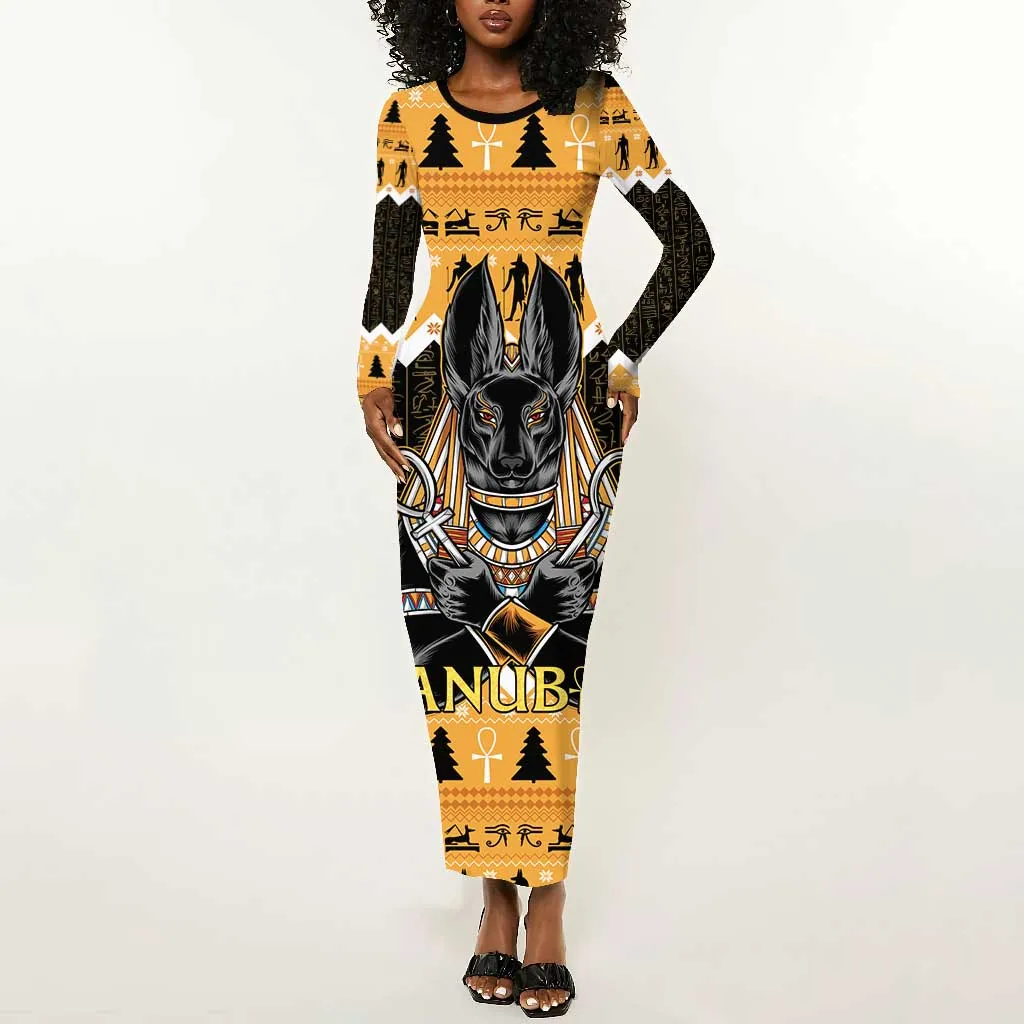 Afro Ancient Egyptian Long Sleeve Bodycon Dress Anubis - Merry Christmas LT15