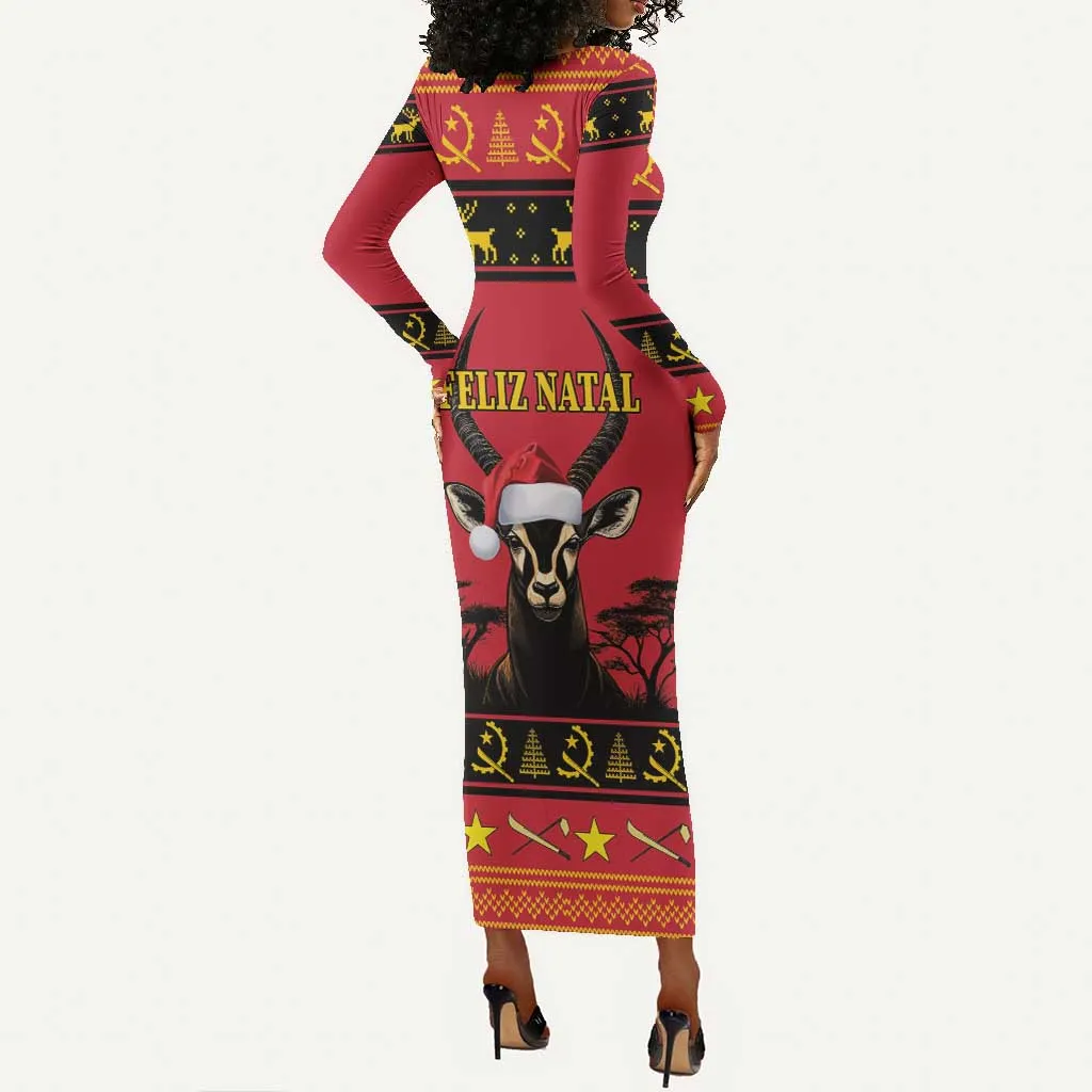 Afro Angola Giant Sable Antelope Christmas Long Sleeve Bodycon Dress Virtus Unita Fortior Feliz Natal LT18