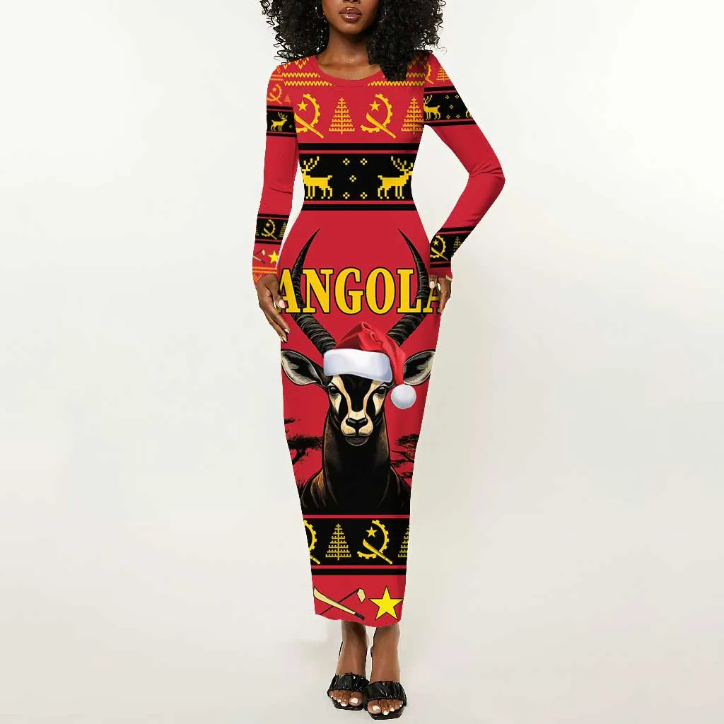 Afro Angola Giant Sable Antelope Christmas Long Sleeve Bodycon Dress Virtus Unita Fortior Feliz Natal LT18