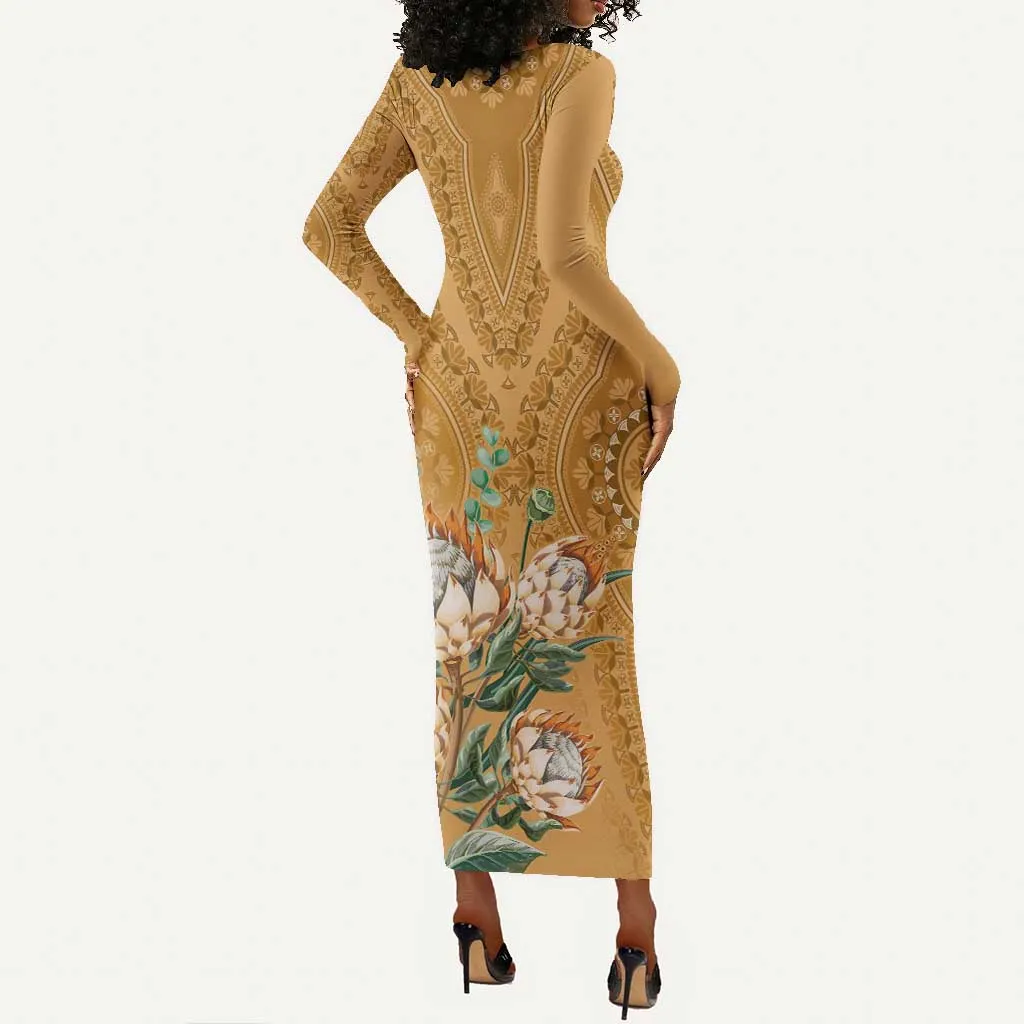 Afro King Proteas Dashiki Motif Long Sleeve Bodycon Dress Gold Style LT9