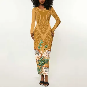 Afro King Proteas Dashiki Motif Long Sleeve Bodycon Dress Gold Style LT9