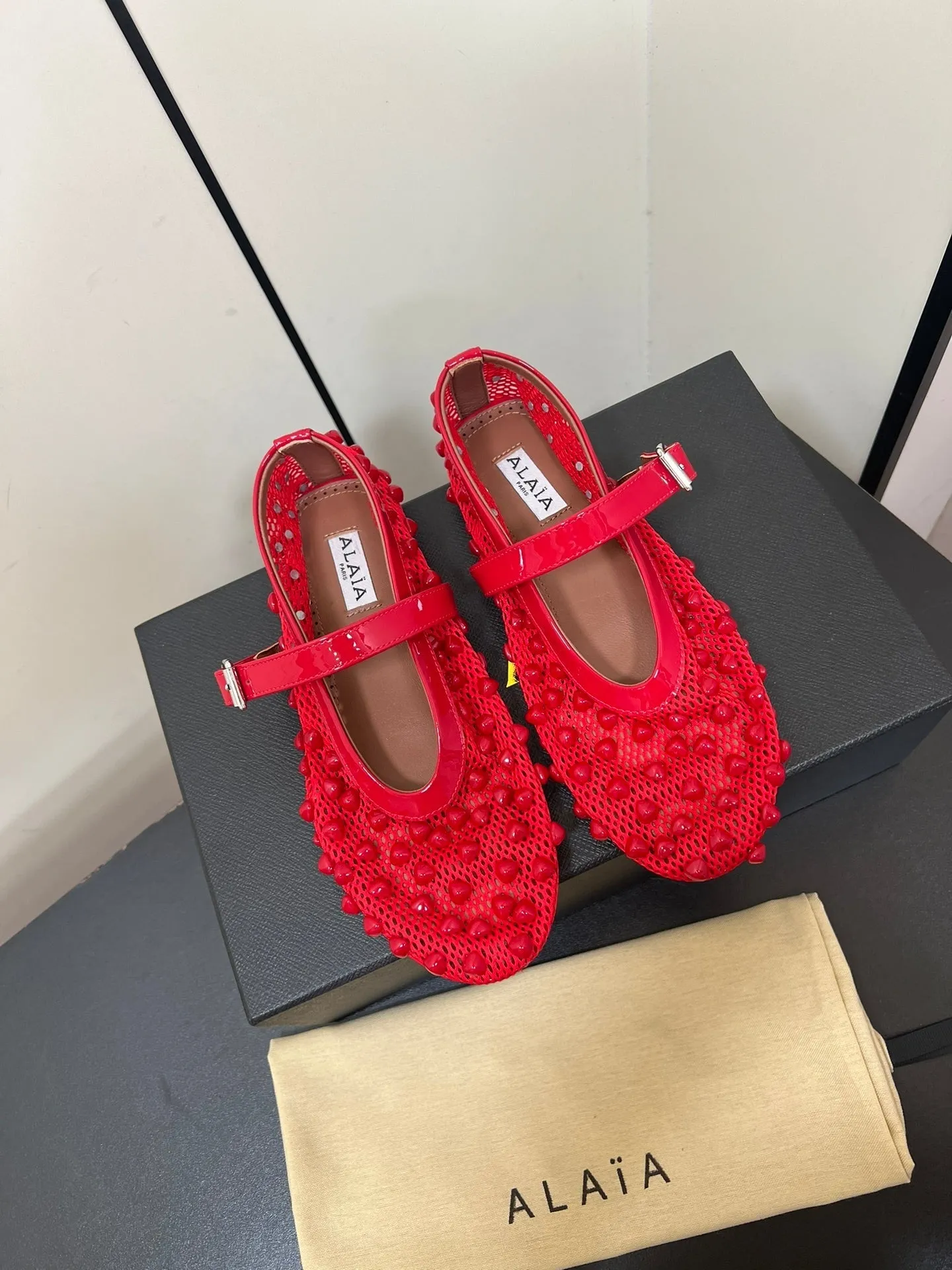 Alaila Ballet Flats With Studs On Fishnet In Red  975749