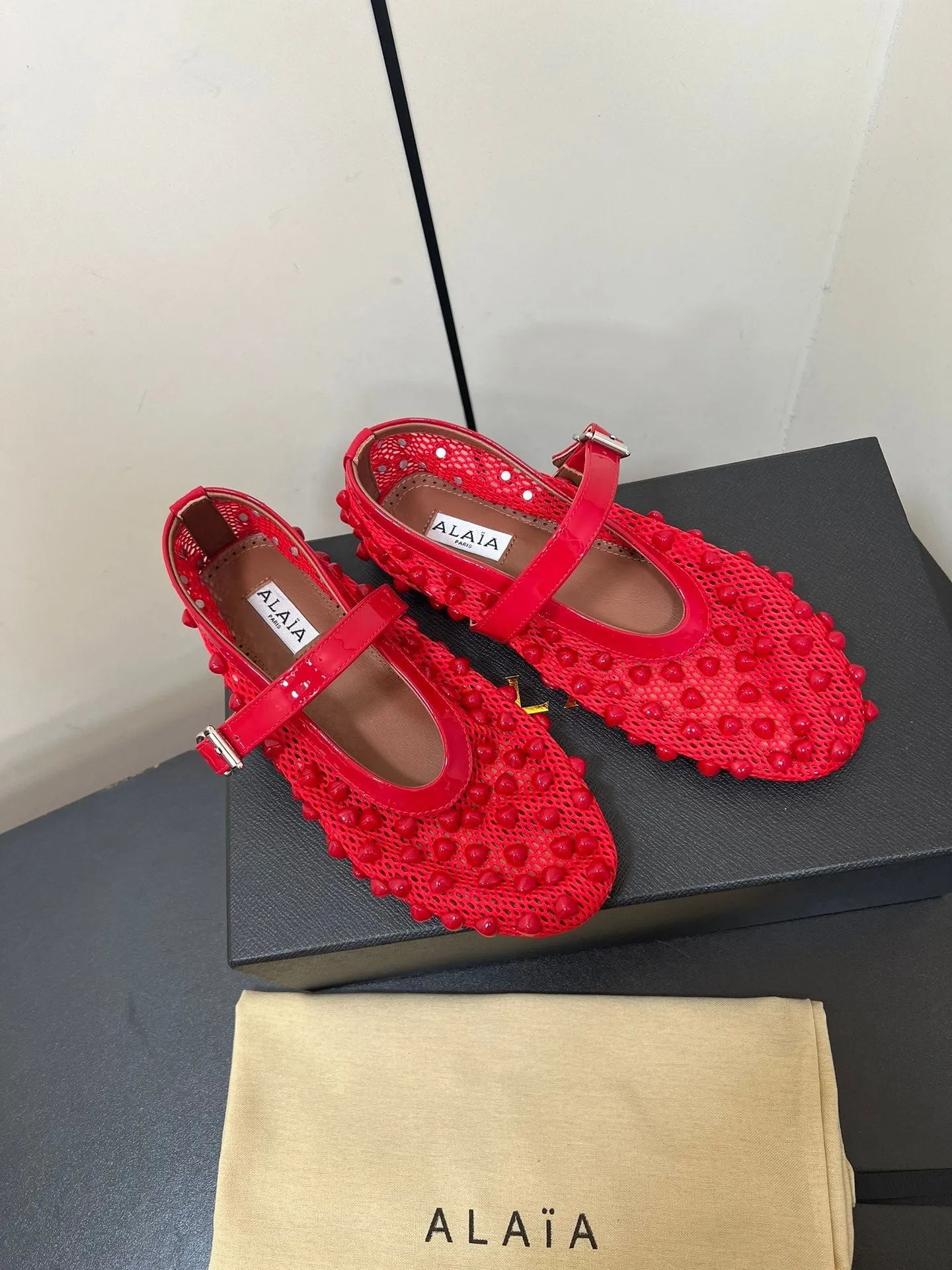 Alaila Ballet Flats With Studs On Fishnet In Red  975749