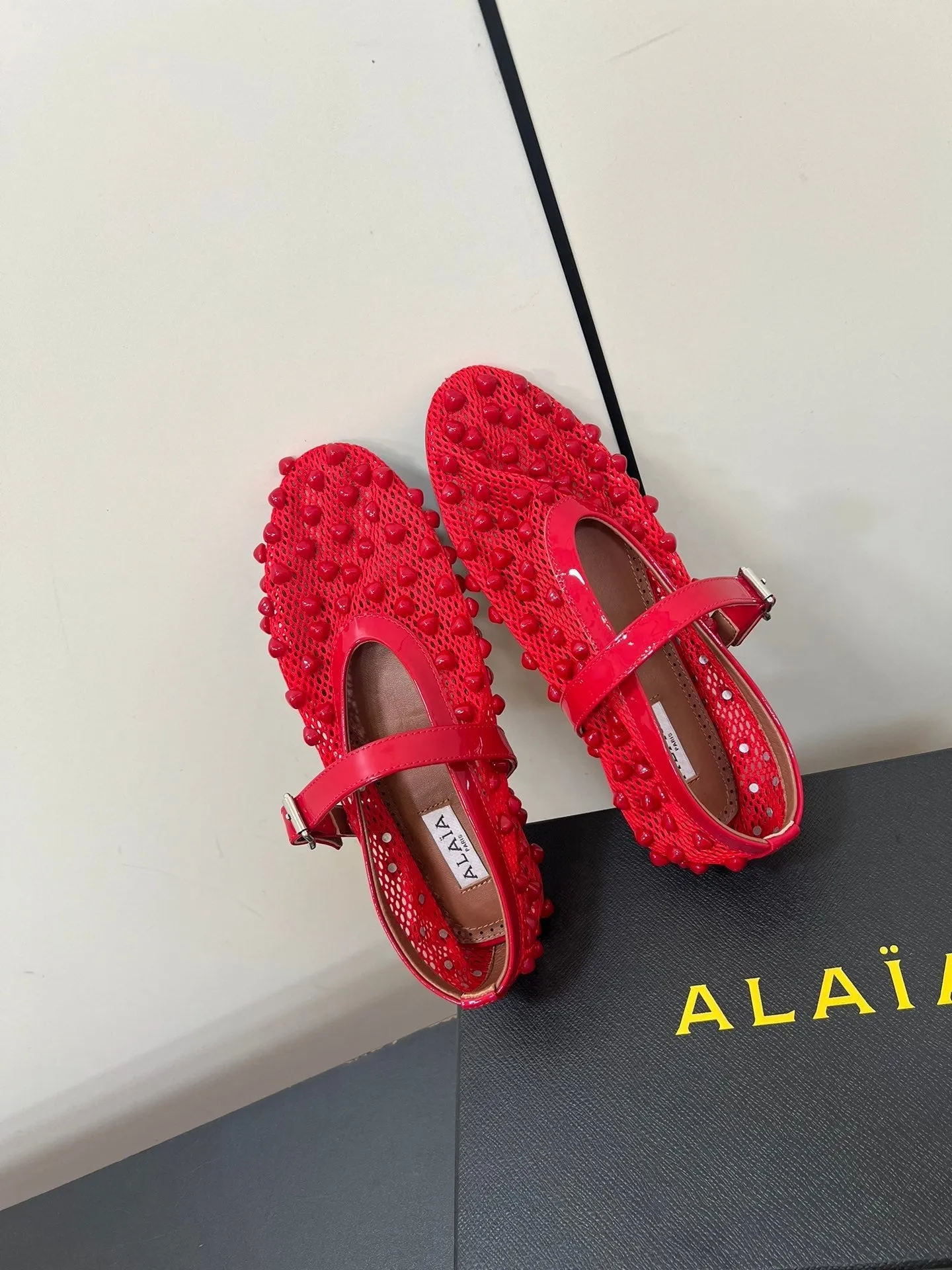 Alaila Ballet Flats With Studs On Fishnet In Red  975749