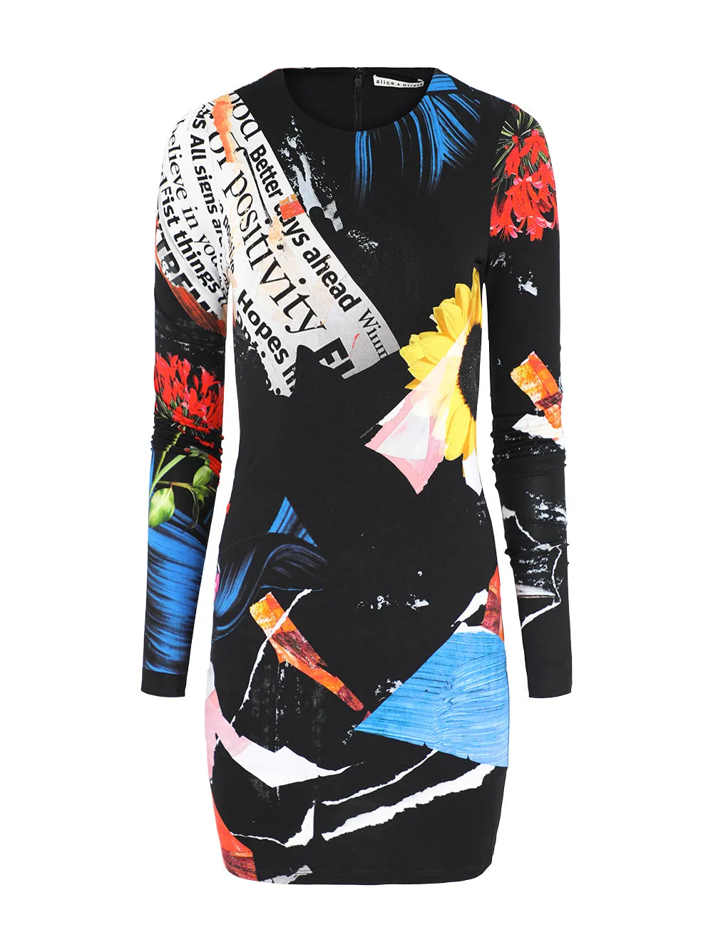 Alice   Olivia Delora Crew Neck Long-Sleeve Mini Dress in Azalea Floral