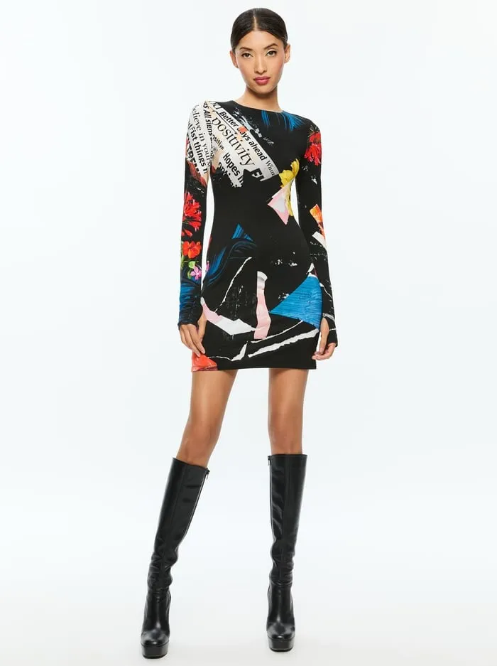 Alice   Olivia Delora Crew Neck Long-Sleeve Mini Dress in Azalea Floral