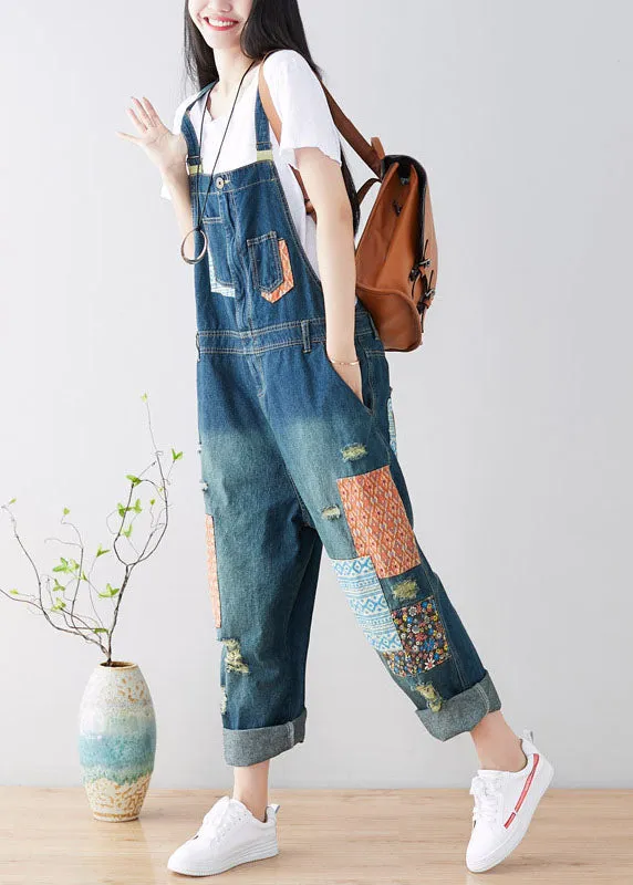 Art Pockets Patchwork Holes Blue Denim Jumpsuit Spring
