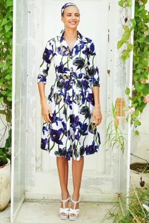Audrey Dress #1 Shirt Collar 3/4 Sleeve Long Length Cotton Stretch (Rambrandt Tulip)