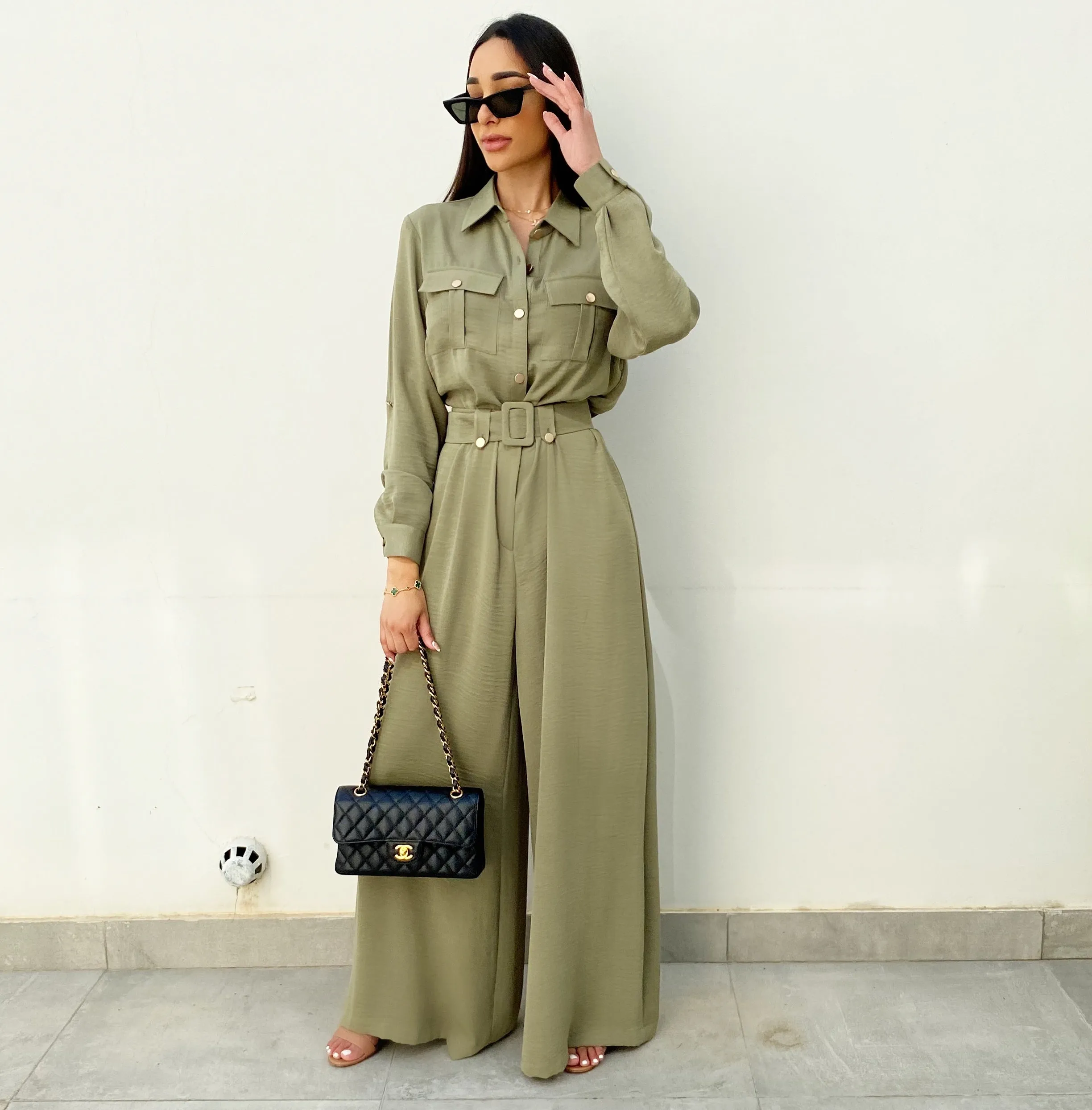 AW20 MOSS SILK MATT GREEN UTILITY  JUMPSUIT