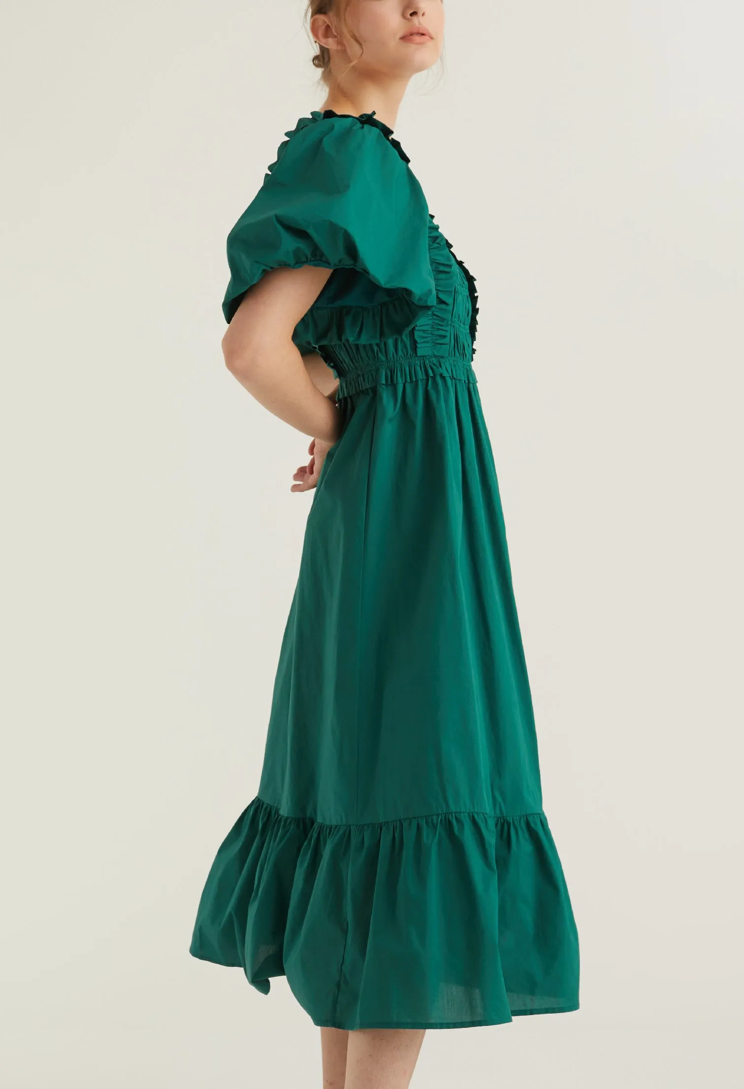 Balloon Sleeve Corset Detail Midi Dress