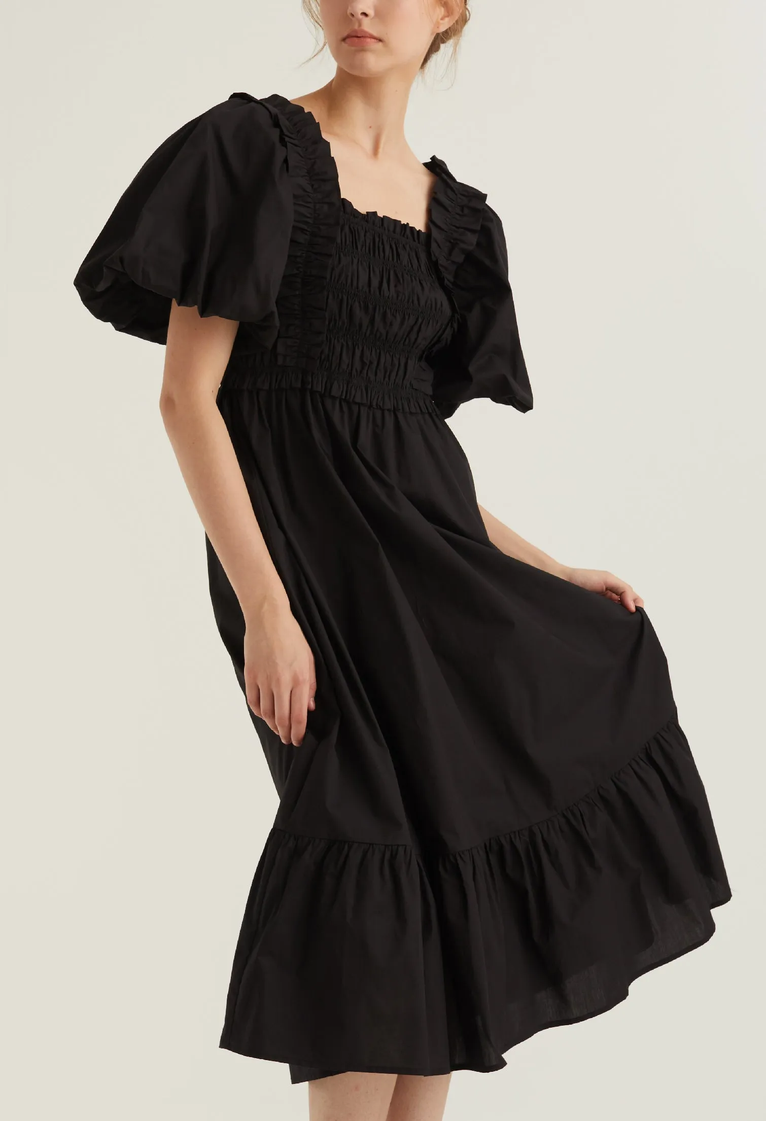 Balloon Sleeve Corset Detail Midi Dress