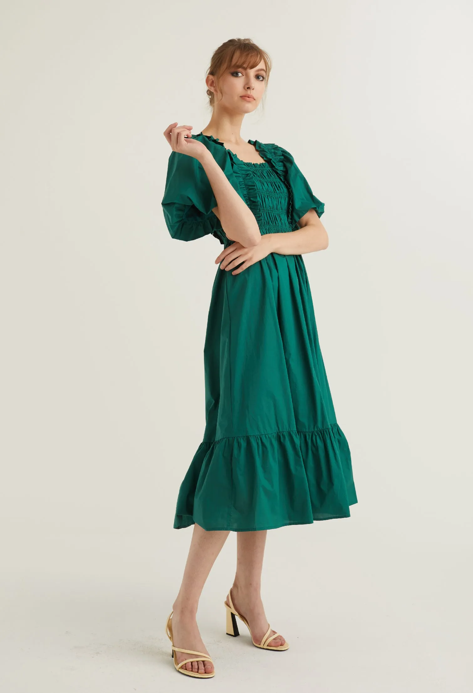 Balloon Sleeve Corset Detail Midi Dress