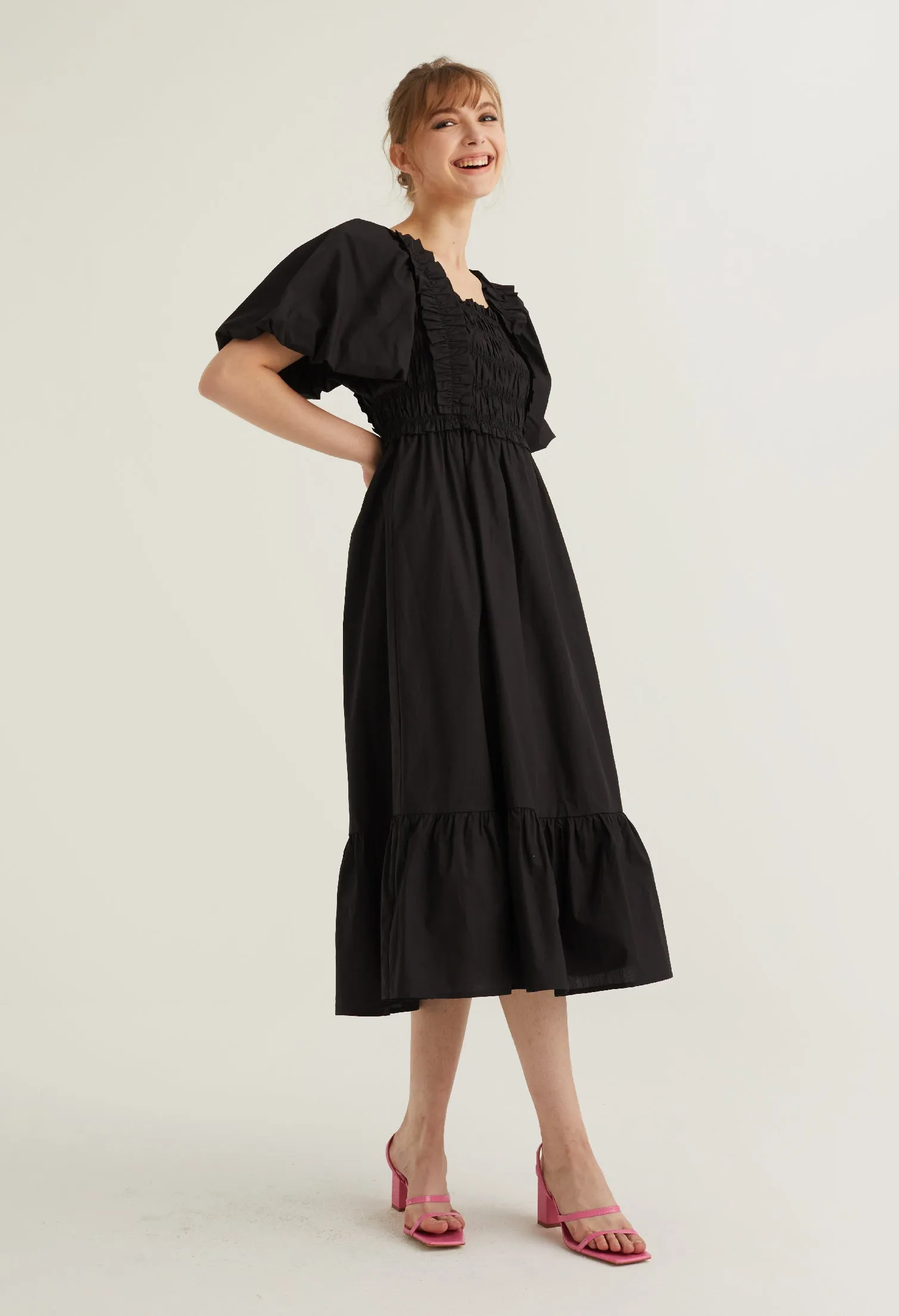 Balloon Sleeve Corset Detail Midi Dress