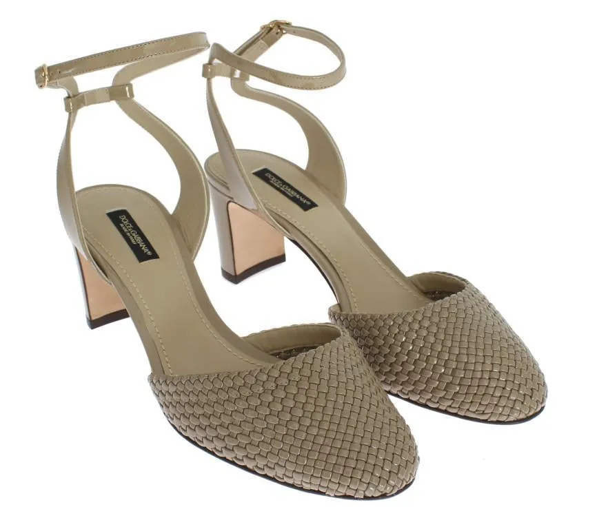 Beige Leather Block Heel Shoes
