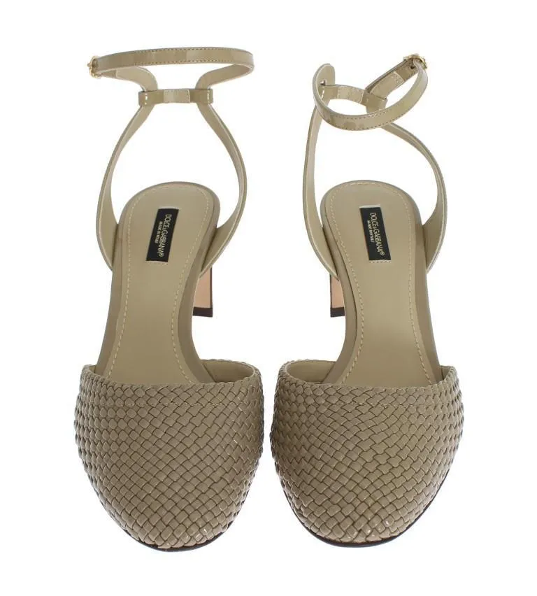 Beige Leather Block Heel Shoes