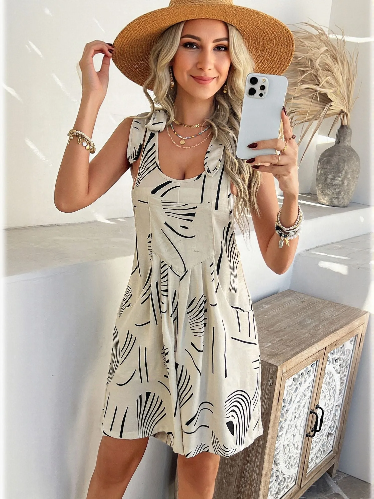 Beige Printed Tie Up Romper