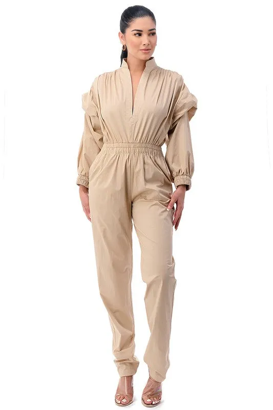 Beige Utility Long Sleeve Jumpsuit