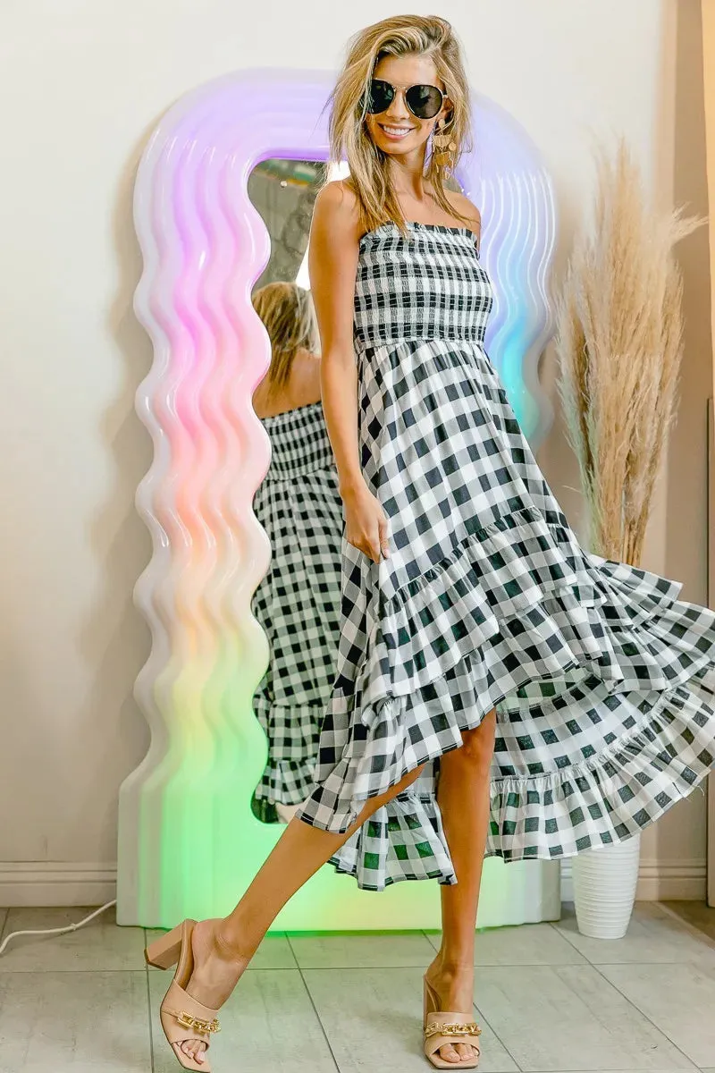 BiBi Smocked Body Off Shoulder Check Dress