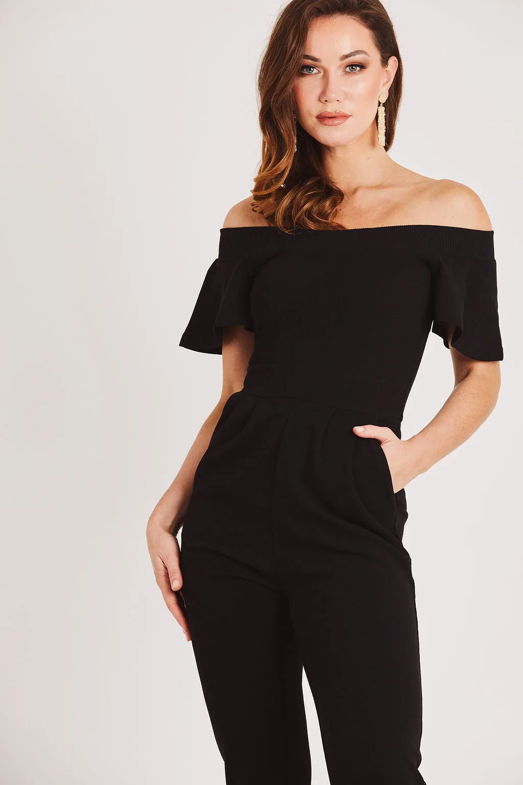 Black Bardot Fitted Jumpsuit with Open Sleeve