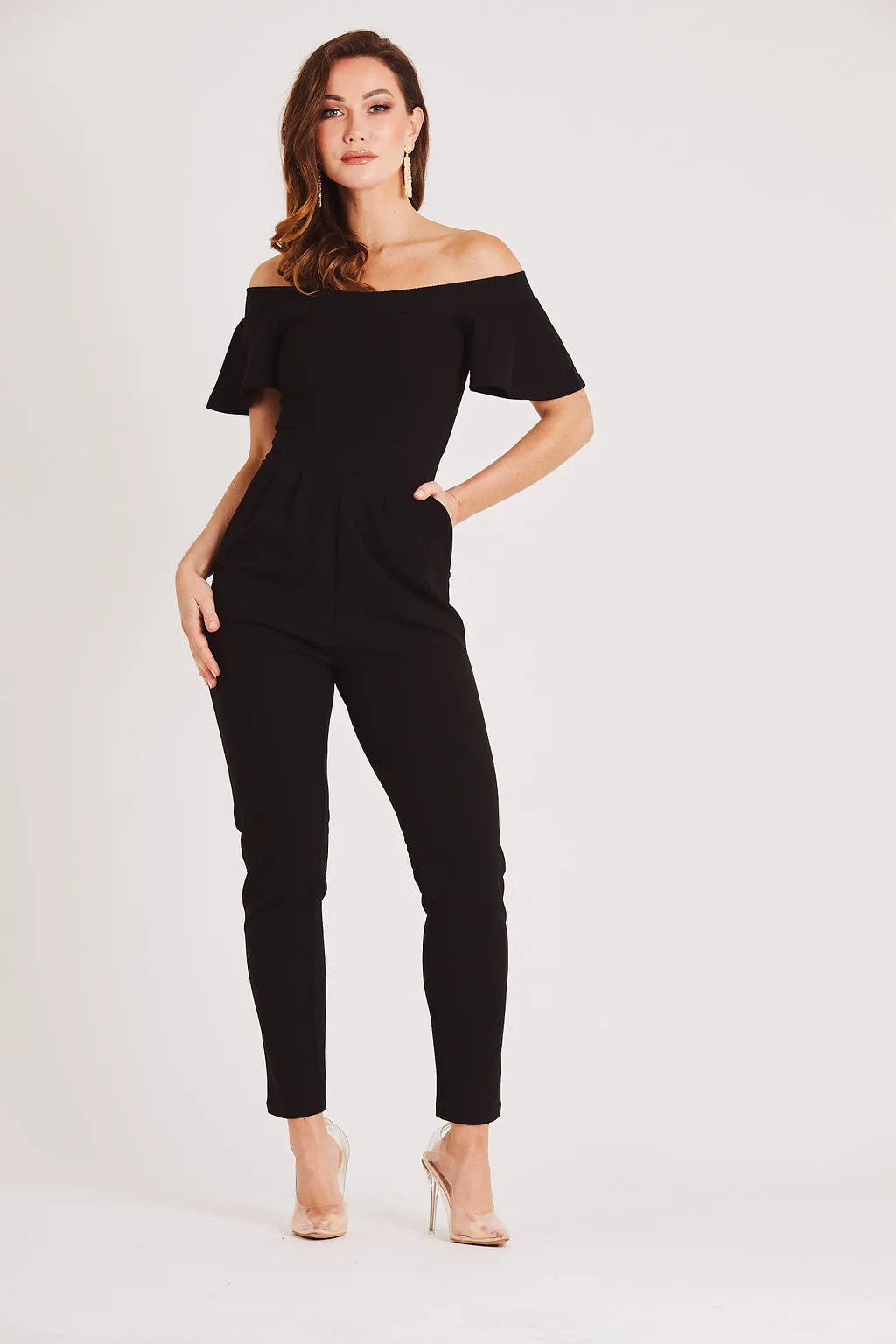 Black Bardot Fitted Jumpsuit with Open Sleeve