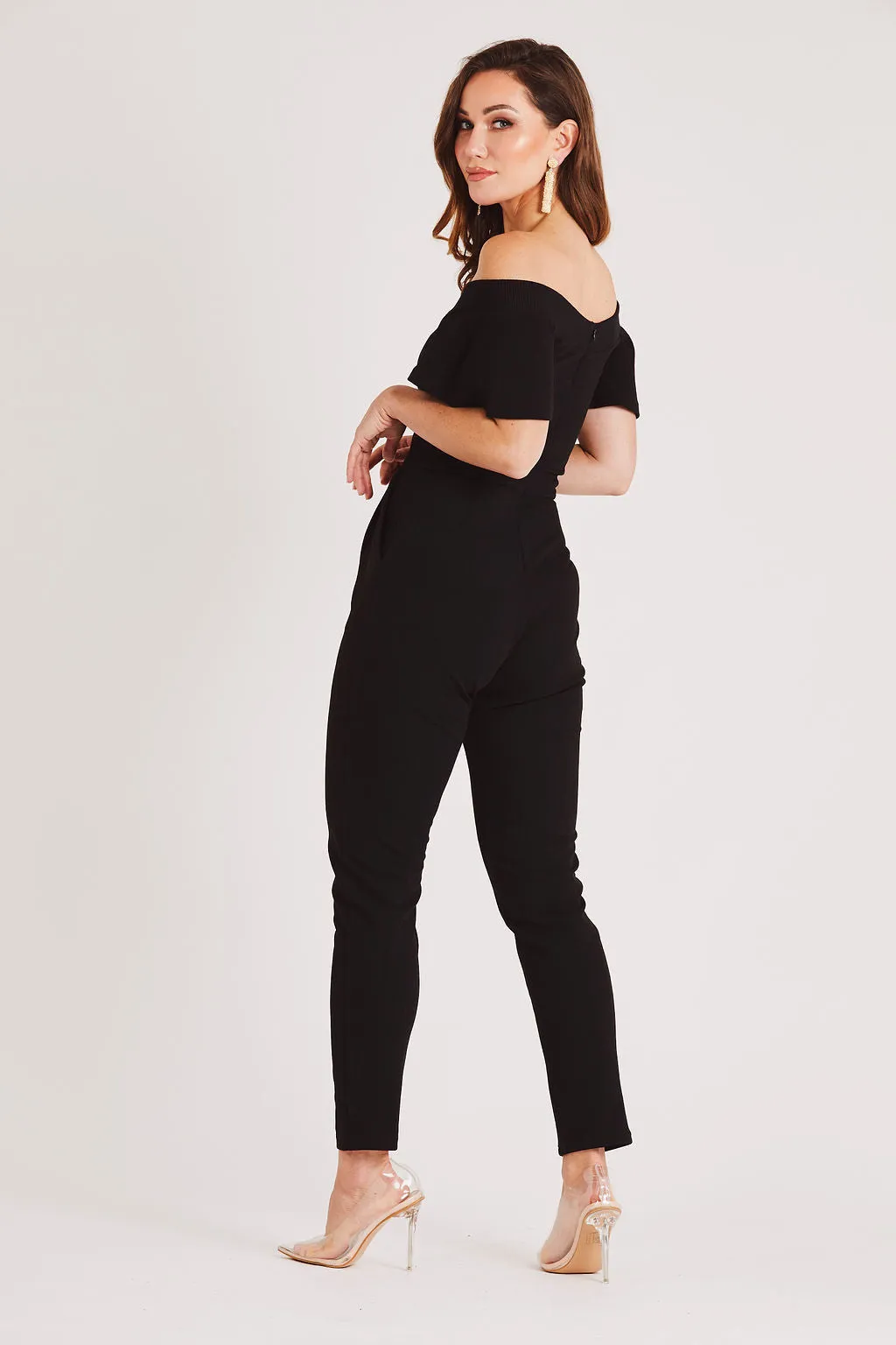 Black Bardot Fitted Jumpsuit with Open Sleeve