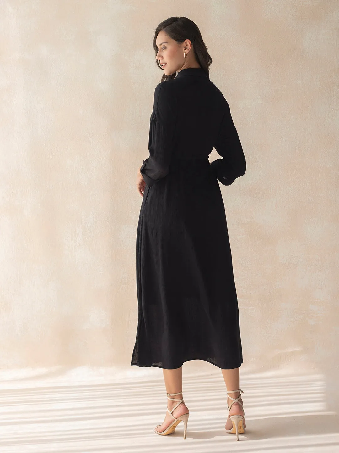Black Crinkled Shirt Maxi Dress