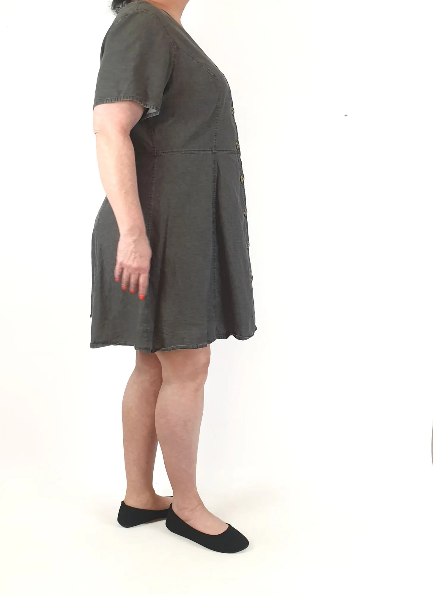 Black denim look dress with cute front buttons fits 18