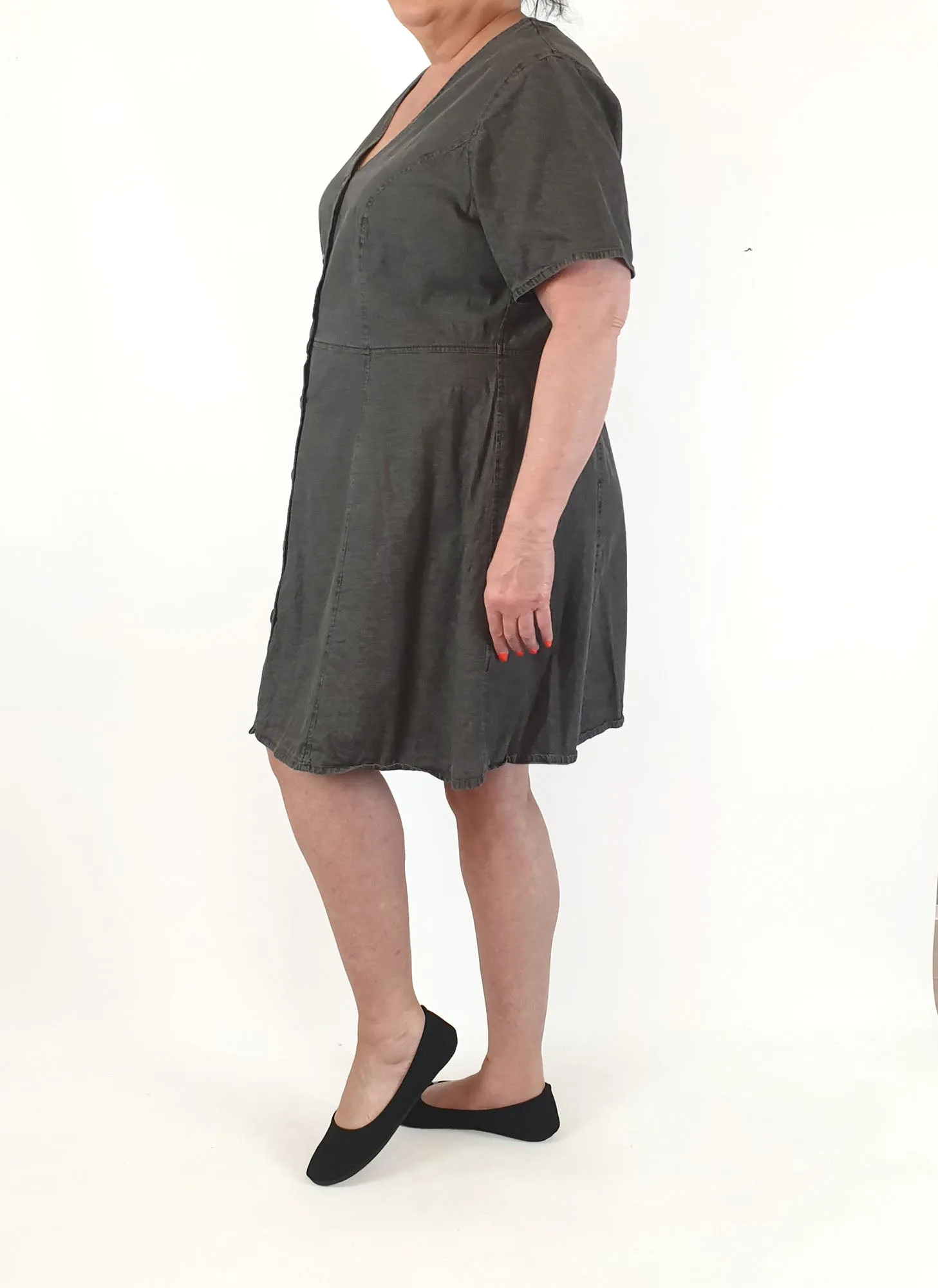 Black denim look dress with cute front buttons fits 18