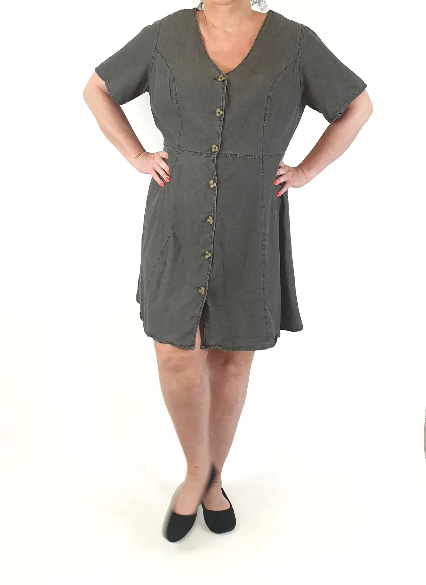 Black denim look dress with cute front buttons fits 18