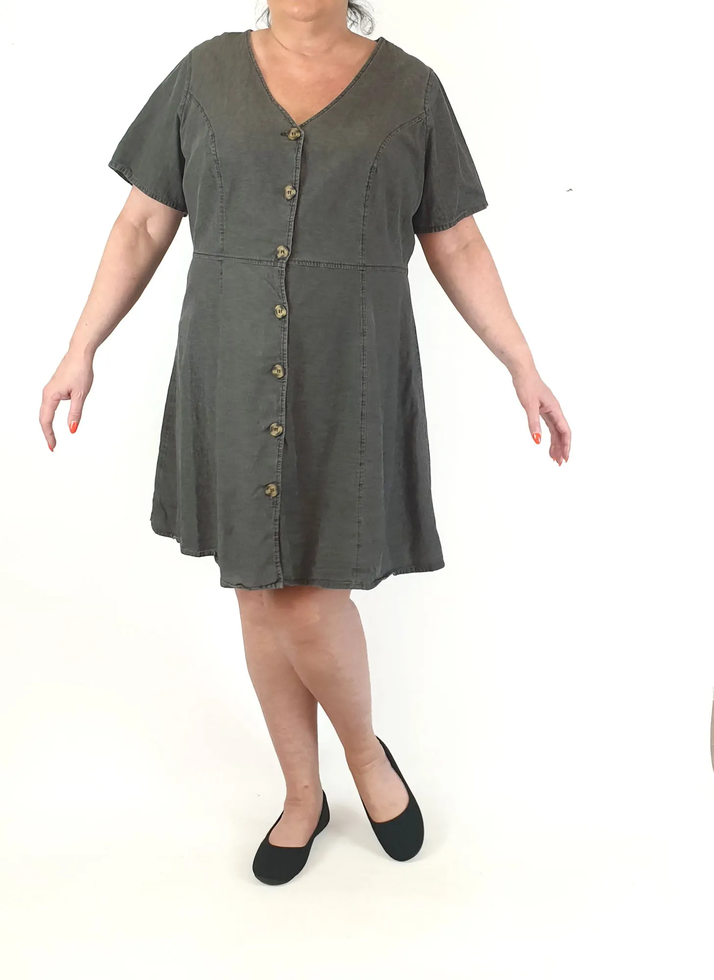 Black denim look dress with cute front buttons fits 18