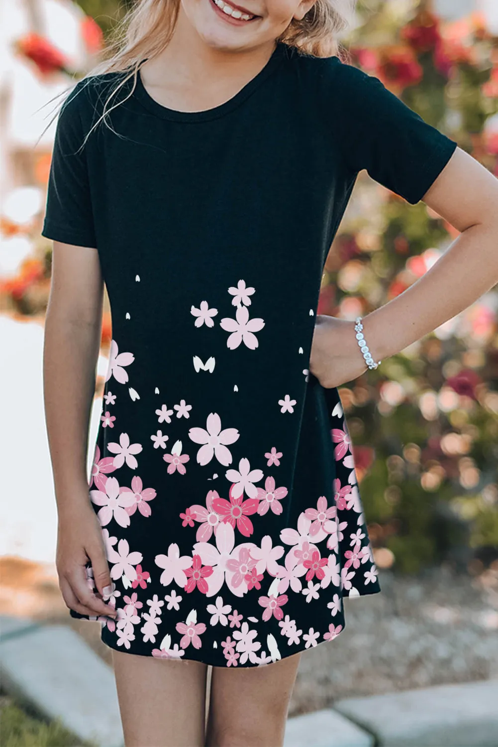 Black Family Matching Cherry Blossoms Print T Shirt Mini Dress